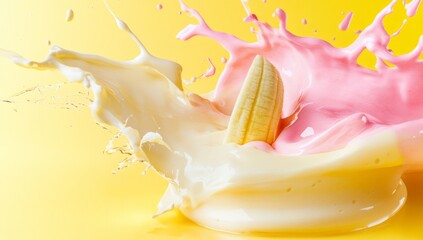 Digital artwork features a rendered image of dynamic liquid splashes in a mixed banana chocolate and vanilla milkshake with jets of drink splashing around
