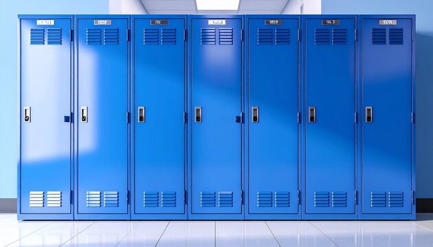Row of blue lockers in a school hallway