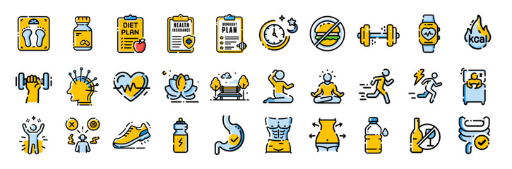 Healthy lifestyle fitness diet sport wellness yoga vector line icons set