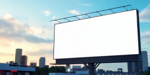 Fototapeta premium Empty horizontal advertising billboard mockup against a blurred city skyline and cloudy sky at dusk. Perfect for outdoor advertisement design.
