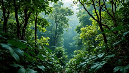 Naklejka premium Lush Green Forest Pathway Surrounded by Tall Trees and Gentle Morning Mist in Nature