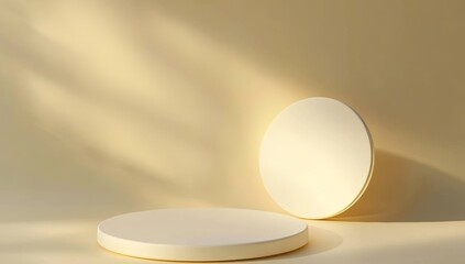 Geometric shapes and a gradual gradient on a circular back wall, combined with a gold pedestal on two floors, form a perfect setting for a product display platform