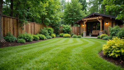 Fototapeta premium Lush Green Garden with Trimmed Lawn and Charming House Surrounded by Trees and Flowers