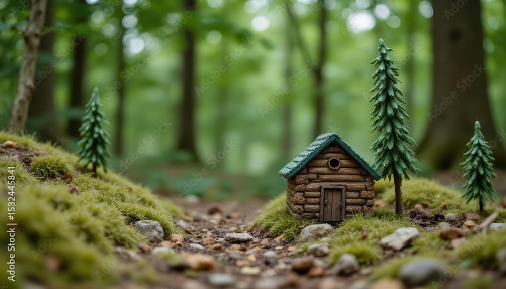 Poster miniature log cabin surrounded by lush green moss and tall trees in a tranquil forest setting