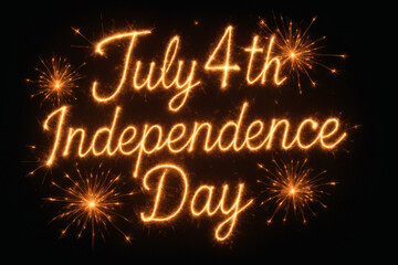 July 4th Independence Day handwritten with sparklers and surrounded by fireworks at night