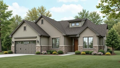 Obraz premium Modern Family Home with Charming Exterior and Lush Garden Surrounded by Greenery