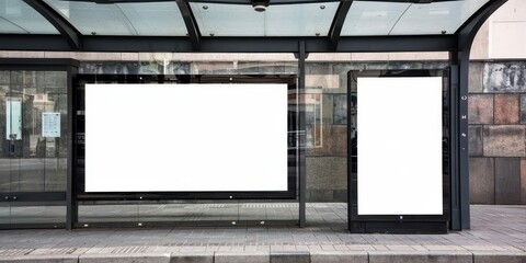 Two empty white advertising billboards at a city bus shelter. Mockup template for outdoor promotion on a street sidewalk.