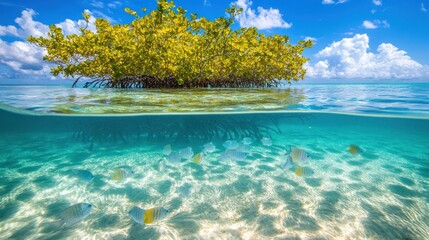Fototapeta premium Tropical island with mangrove forest, vibrant underwater life