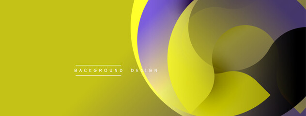 Abstract yellow background features overlapping purple, white, black curved shapes. Modern design elements create dynamic visual effect.
