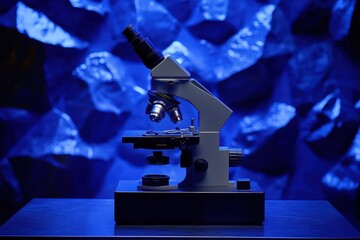 Scientific microscope on a table with blue abstract background. It's perfect for science, research, education, and medical illustrations.
