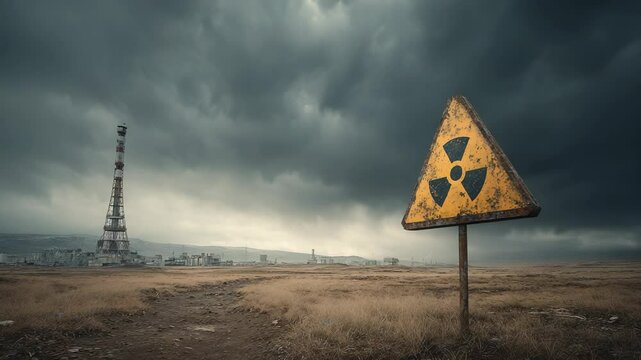 Abandoned Nuclear Power Plant with Radiation Warning Sign Under a Stormy Sky, Depicting Environmental Disaster and Post-Apocalyptic Landscape