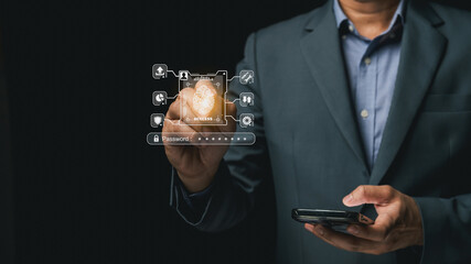 Businessman Using Mobile Technology for Secure Authentication with Digital Interface and Biometric Access in a Modern Office Environment