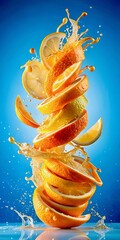 Fresh citrus fruit explosion on a blue background
