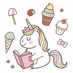 Happy Horse with reading a book, set in a charming Ice cream party theme – Scoops & Swirls color vector art