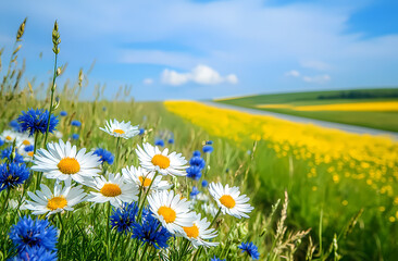 Beautiful Spring Field Flowers and Sky