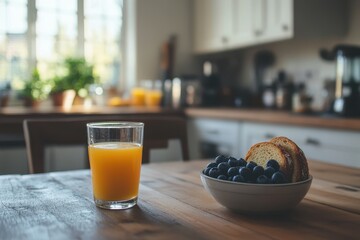 Juice, bread, and blueberries sit on a wooden table in a bright kitchen. It's ideal for illustrating healthy eating, breakfast, or a morning routine.