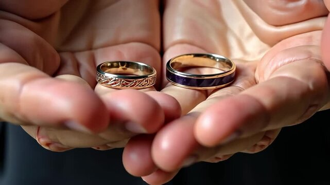 Man holding wedding rings in hand, close-up of groom at wedding. AI Generative
