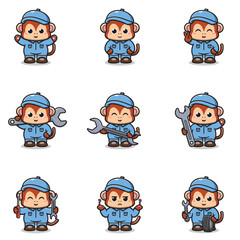 Vector Illustration of Monkey Mechanic Cartoon Character. Mechanic Character Vector Illustration. Monkey Character animal. Mechanic Mascot.