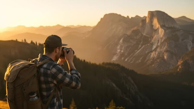 male hiker captures the breathtaking beauty of a mountain range at sunset