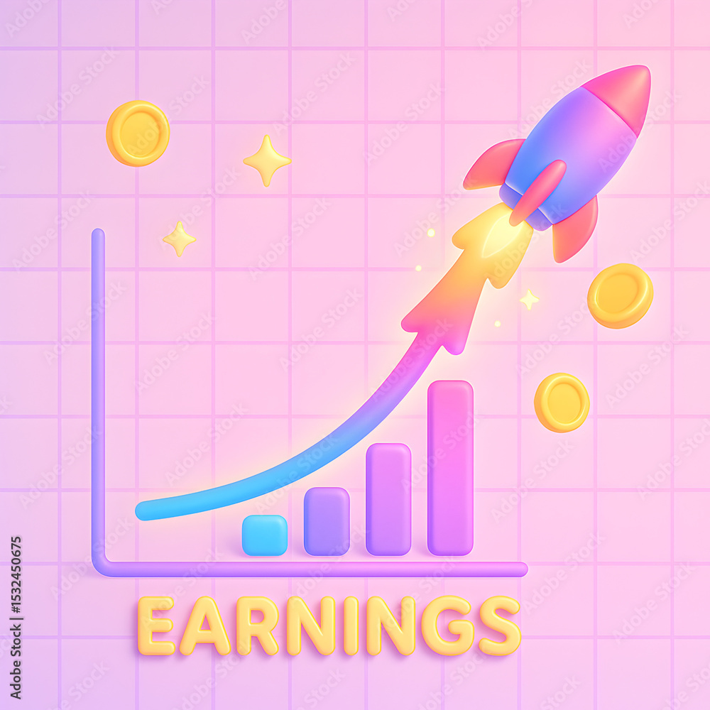 Poster launch earnings growth with 3d icon rocket boosting profits on colorful graph background