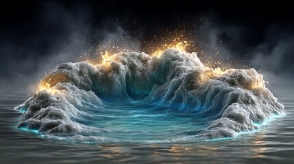 A realistic 3D night view of glowing water, illuminated from within by electric-blue neon light, with steam curling over the surface and flares breaking through the dark fog.