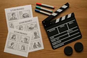 Exploring the creative process in cinema with storyboards, clapperboard, and markers on a wooden table