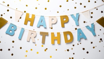 happy birthday banner with confetti on wall