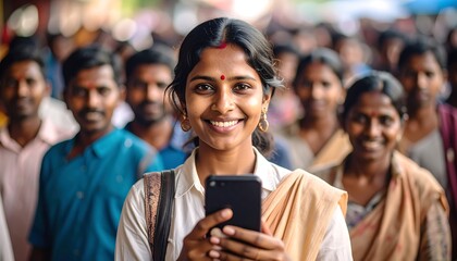 Woman using phone in crowd
