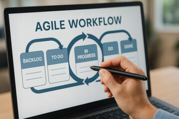 Agile Workflow Process Interface Displayed on Digital Screen with Task Management Structure