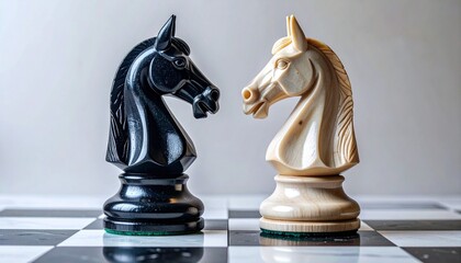 Two chess knights face off in dramatic standoff on chessboard with black and white pieces