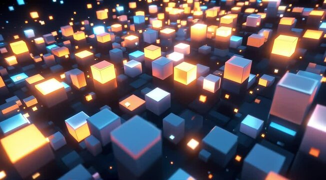  A grid of shifting squares that glow and pulse, gradually transforming into 3D cubes that float through space