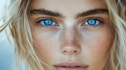 Close-up portrait of a woman with piercing blue eyes and blonde, windswept hair. Ideal for beauty, fashion, or conveying intense emotion and personal connection.