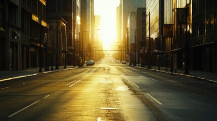 Obraz premium A deserted city street at dawn with empty sidewalks, abandoned vehicles, and soft golden sunlight reflecting off glass buildings.