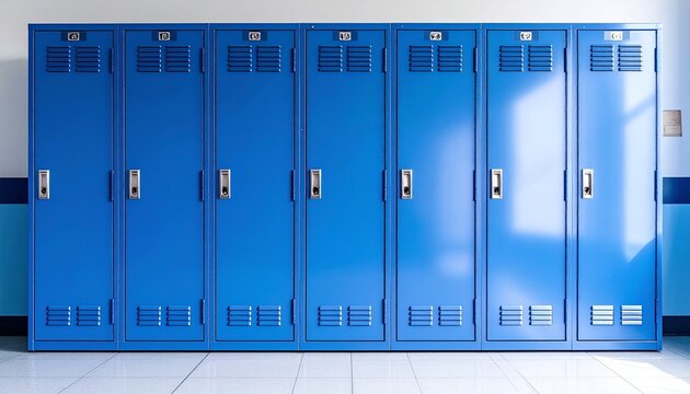 Row of blue lockers in a school hallway
