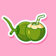 Sticker of Fresh Green Coconuts with a Straw for a Refreshing Tropical Drink Vector Illustration Cartoon Design