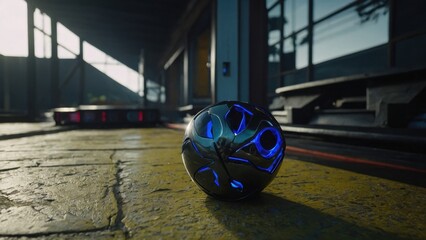 Metal orb with luminous blue accents rests on a cracked yellow surface