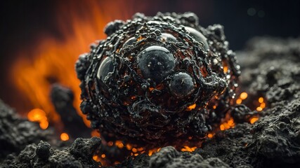 Molten Lava Sphere Cooling on Volcanic Rock Formation Surface