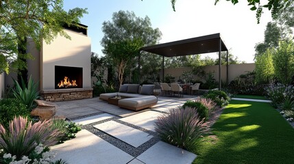 A stunning backyard features a fireplace, pergola, and manicured landscaping. Use this to showcase outdoor living or home design beautifully.