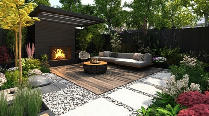 Beautiful backyard patio with fireplace, furniture, and lush greenery. Illustrates design ideas, relaxing outdoor living spaces, and home improvement.