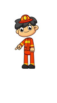 Cartoon Firefighter Pointing Animation, Cute Character Style on White Background