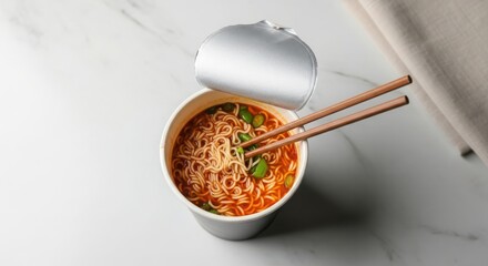 A takeout container filled with noodles and garnished with green herbs. Two wooden chopsticks rest on the edge of the container. The background is a light marble surface.