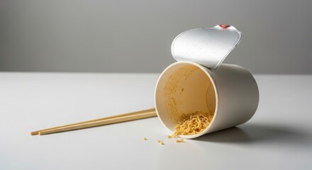 An empty takeout container tipped over with noodles spilling out. A pair of wooden chopsticks rests beside it. The background is neutral and minimalistic.