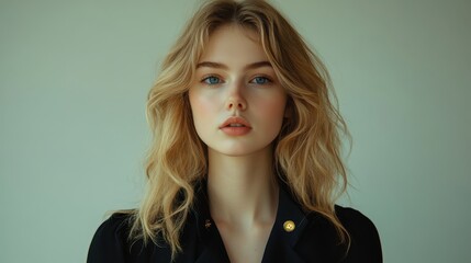 Attractive woman with wavy blonde hair, blue eyes, and a dark blazer. Perfect for beauty ads, professional portraits, or fashion related projects.