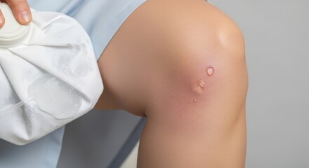 A close-up of a human knee with a small bump. The person is applying a cold compress to the area. The skin appears slightly red and irritated.