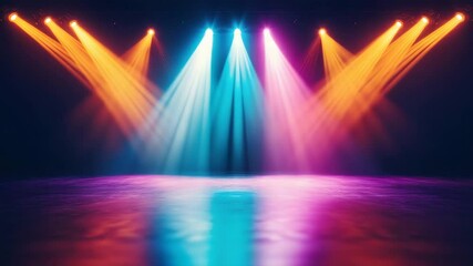 Colorful stage lights shine brightly on reflective floor with orange, blue, and purple beams illuminating dark space, spotlight creating vibrant atmosphere and dynamic light reflections. - Powered by Adobe