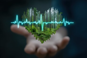 Futuristic eco-healthcare interface glowing over human hand in forest background, ideal for sustainability campaigns, environmental health, or green tech presentations
