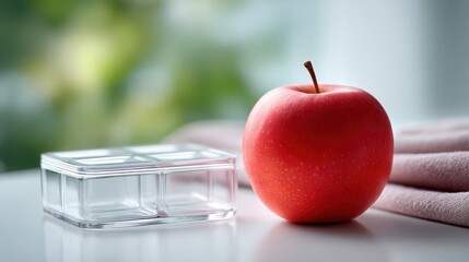 A red apple sits next to a clear glass container on a white surface. A soft pink cloth is partially visible in the background, with a blurred green backdrop.