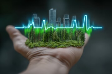 Futuristic eco-healthcare interface glowing over human hand in forest background, ideal for sustainability campaigns, environmental health, or green tech presentations