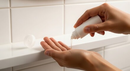 A person pours liquid from a white bottle into their palm. The setting features a clean, tiled bathroom countertop. The focus is on skincare and personal care routines.