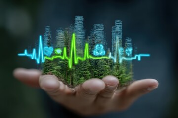 Futuristic eco-healthcare interface glowing over human hand in forest background, ideal for sustainability campaigns, environmental health, or green tech presentations